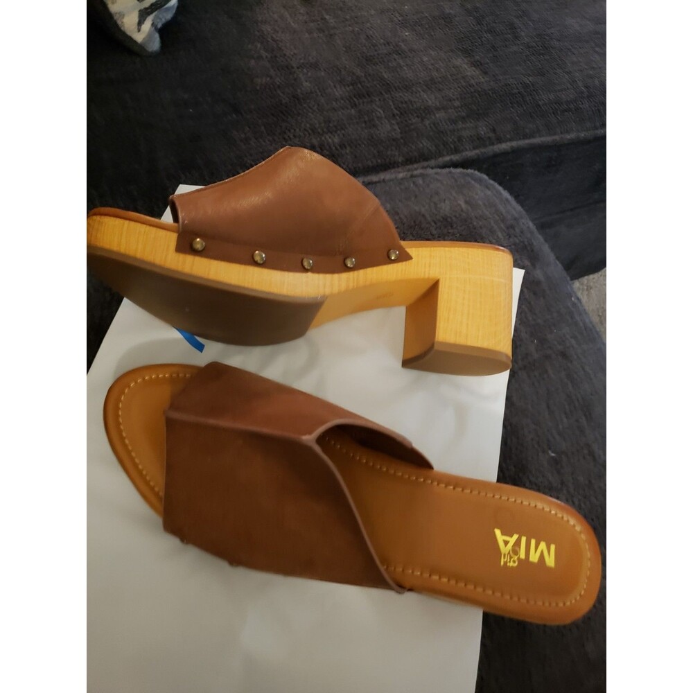 MIA Tan Suede Wood Platform Slides - Studded Clog Sandals - Women's 9.5 M New